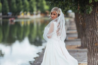 Mutlu bir gelin peçe ile poz portresi.