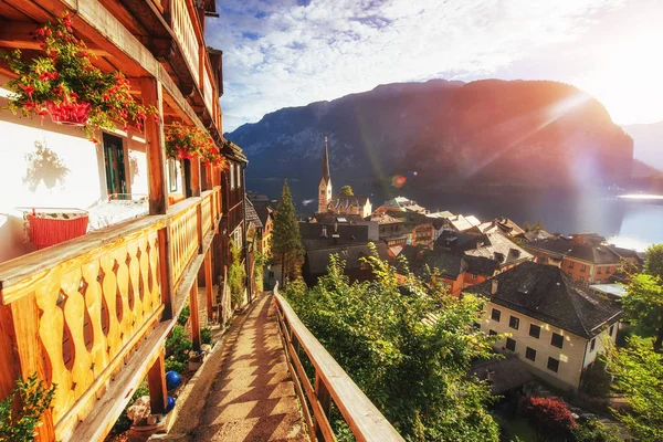 Malebné Panoramatický Výhled Slavná Horská Vesnice Rakouských Alpách Hallstattu Rakousko — Stock fotografie