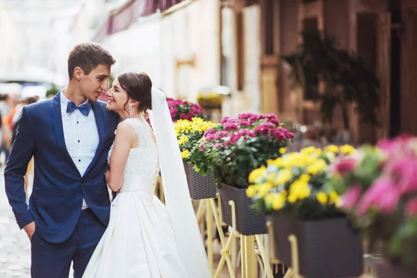 Young Couple Cafe Flowers — Stock Photo, Image