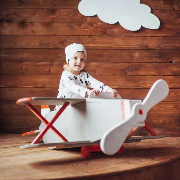 Happy Kid Playing Wooden Airplane Childhood Fantasy Imagination Holiday — Stock Photo, Image