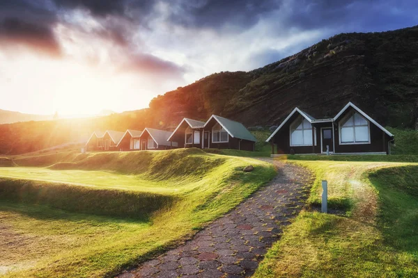Budovy Věk Města Při Západu Slunce Islandu — Stock fotografie