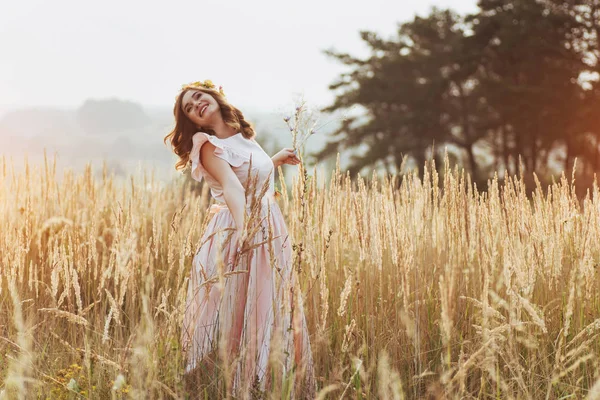 Beautiful Happy Girl Wreath His Head Tall Grass Autumn Season — Stock Photo, Image