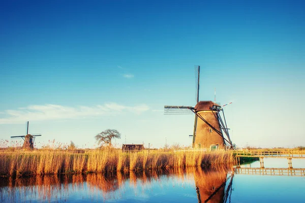 Traditionele Nederlandse Windmolens Van Het Kanaal Rotterdam Holland — Stockfoto