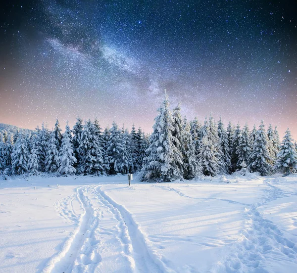 Stjärnhimmel Snöiga Vinternatt Fantastisk Vintergatan Den Nyårsafton Vinterväg Berget — Stockfoto