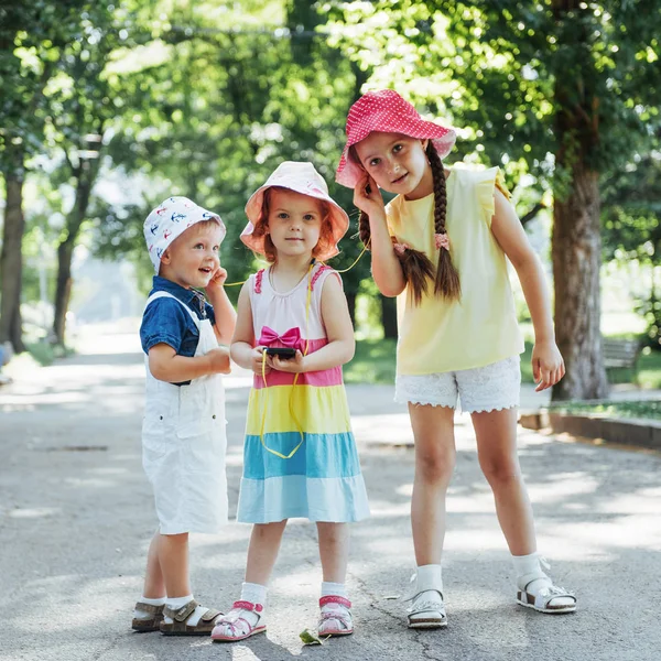 Cute Girl Boy Listening Music Headphones Street — Stock Photo, Image