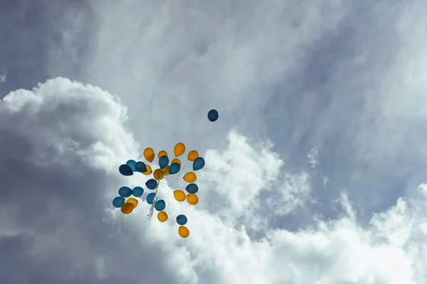 Strauß Blauer Und Gelber Luftballons Himmel — Stockfoto