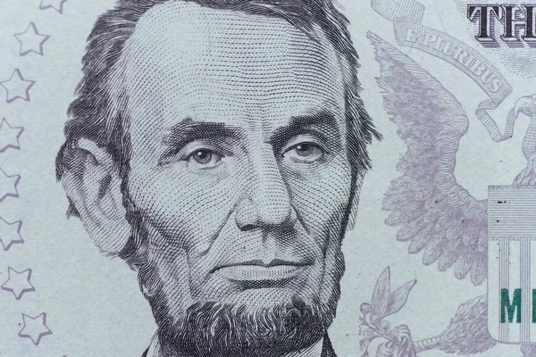 Presidente Dos Eua Abraham Lincoln Face Cinco Dólares Fatura Macro — Fotografia de Stock