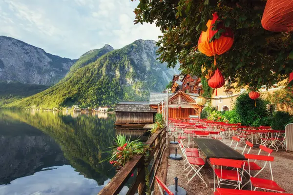 Café Été Sur Magnifique Lac Entre Les Montagnes Alpes Hallstatt — Photo