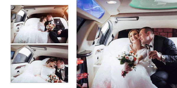 Beautiful Young Couple Smiling Happily Your Wedding Day Sitting Car — Stock Photo, Image