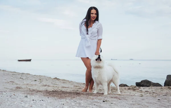 Köpeğiyle Sahilde Deniz Kenarında Yürüyen Genç Güzel Kadın — Stok fotoğraf