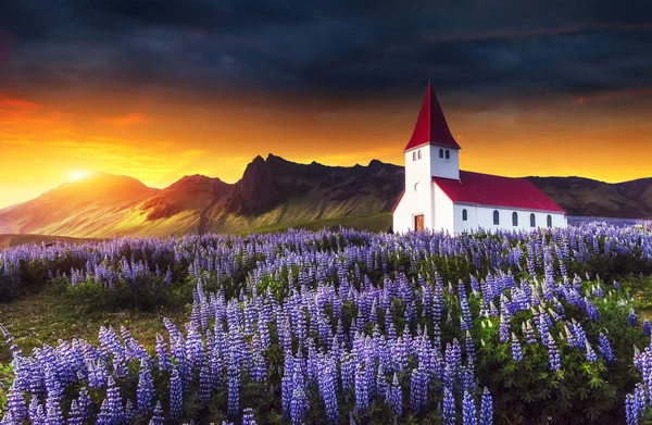 Lutherse Kerk Vik Fantastische Zonsondergang Ijsland — Stockfoto