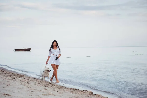 Yürüyen Bir Köpek Ile Sahilde Güzel Esmer Kadın — Stok fotoğraf