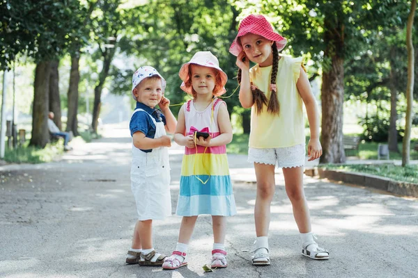 Cute Girl Boy Listening Music Headphones Street — Stock Photo, Image