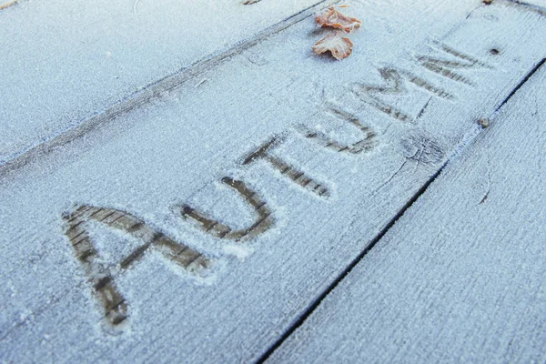Schrijven Sneeuw Houten Patroon Symbolen Houten Plank — Stockfoto