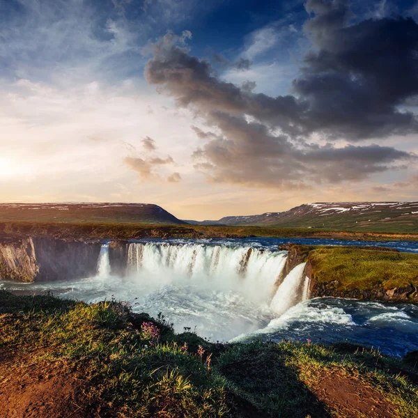 Cachoeira Godafoss Pôr Sol Mundo Beleza Islândia Europa — Fotografia de Stock