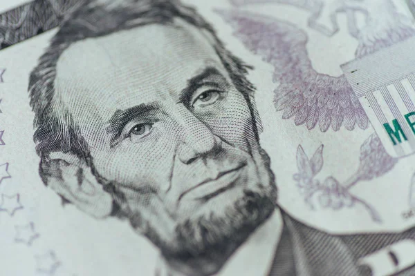 Président Américain Abraham Lincoln Face Billet Cinq Dollars Macro Usd — Photo