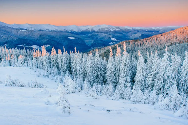 Fantasztikus Téli Táj Magic Naplementét Hegyek Között Fagyos Nap Ünnep — Stock Fotó