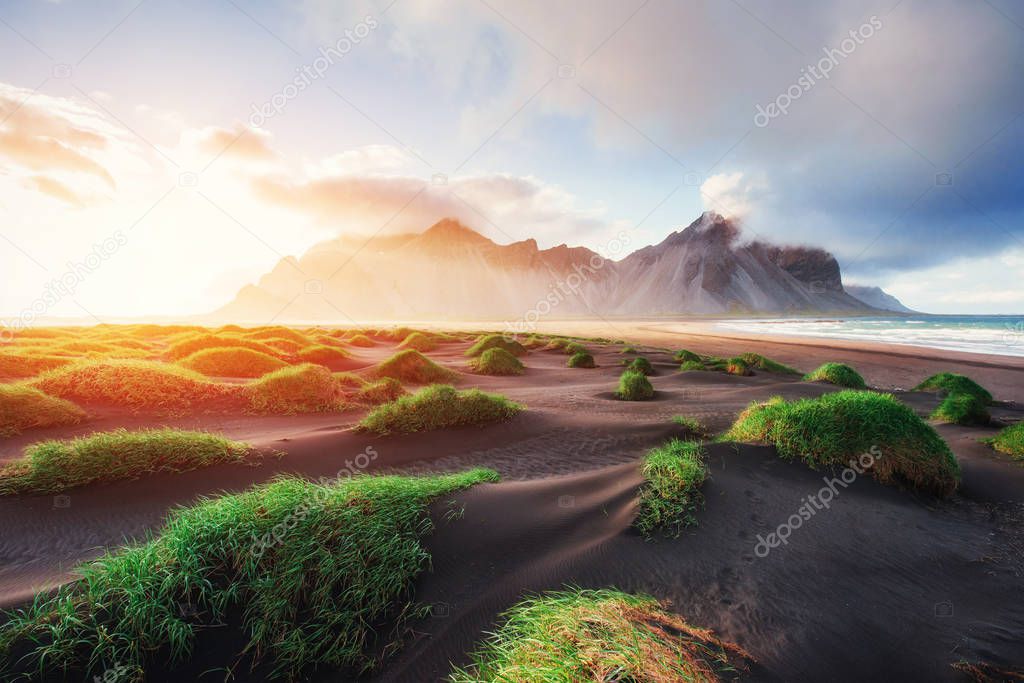 Magic sunset on a sandy beach. Beauty world Turkey