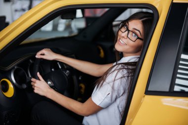 Arabanın ön koltuğunda kameraya bakarak çekici genç beyaz bir kadın