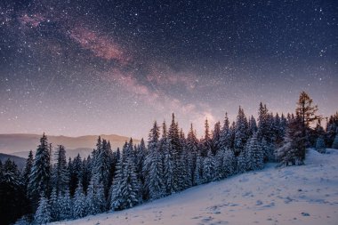 yıldızlı gökyüzü kış karlı gecede. New Year's Eve fantastik Samanyolu'nda. Yıldızlı gökyüzü karlı kış gecesi. Samanyolu fantastik bir yeni yıl arifesinde olduğunu.