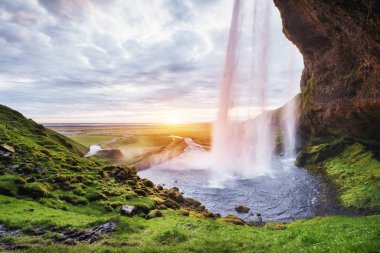 Seljalandfoss şelale. Güzel yaz güneşli gün İzlanda Avrupa
