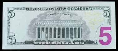 Beş dolarlık banknot yakın çekim. Bize iki dolar faturaları makro. Amerikan Doları. 5 doları