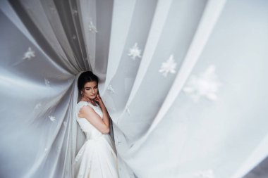 Güzel kız gelin perde vasıl belgili tanımlık pencere arka plan üzerinde.