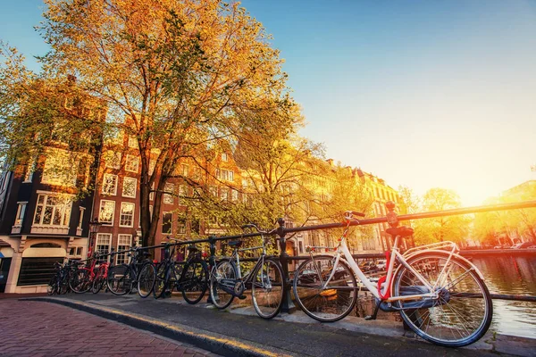 Piękna Scena Spokojny Amsterdamu Rowery Wzdłuż Ulicy Most Nad Kanałem — Zdjęcie stockowe