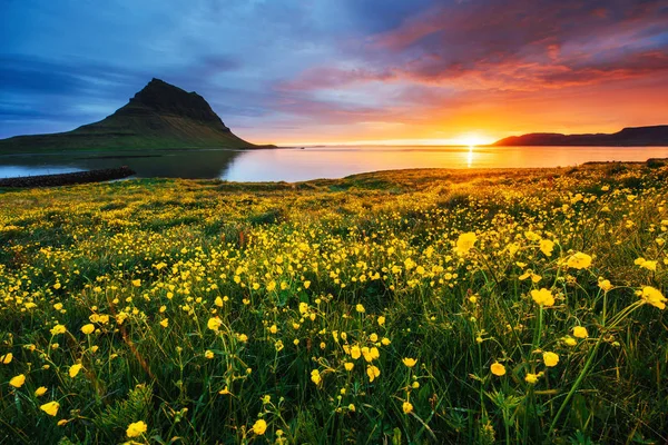 Festői Naplemente Tájak Vízesések Felett Kirkjufell Hegy Izland — Stock Fotó