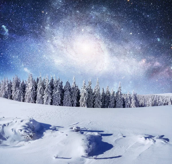 Gwiaździste Niebo Snowy Zimowych Nocy Fantastyczne Mlecznej New Year Eve — Zdjęcie stockowe