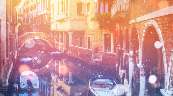 Canal in Venice, Italy. Photo greeting card. Bokeh light effect, soft filter