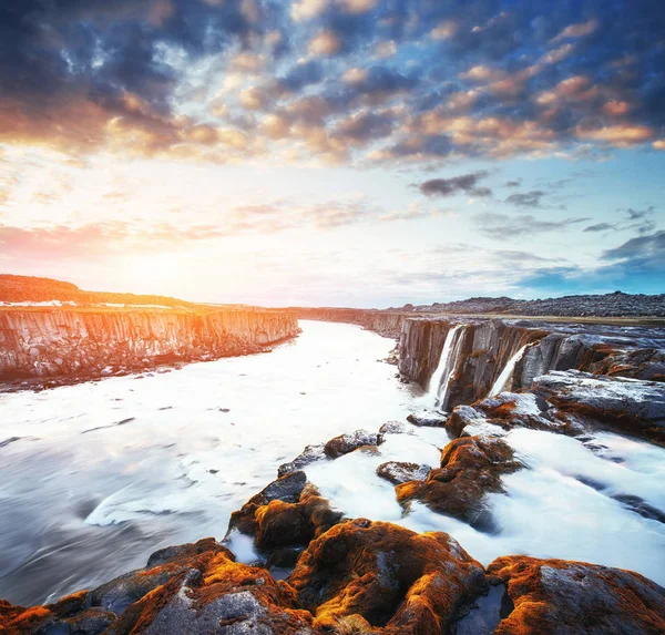 Fantastic Views Selfoss Waterfall National Park Vatnajokull Mysterious Mystical Sunset — Stock Photo, Image