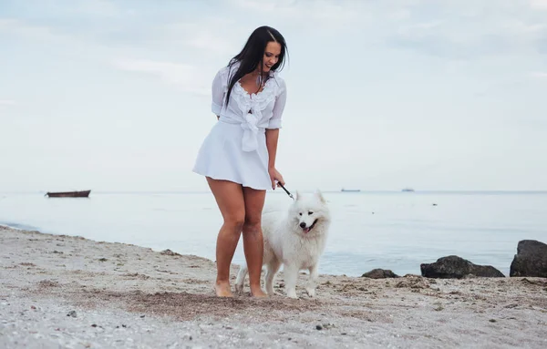Köpeğiyle Sahilde Deniz Kenarında Yürüyen Genç Güzel Kadın — Stok fotoğraf