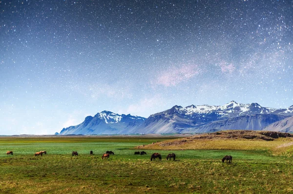 Fantasztikus Kilátás Nyílik Hegyekre Tájak Izland Csillagos Tejút — Stock Fotó