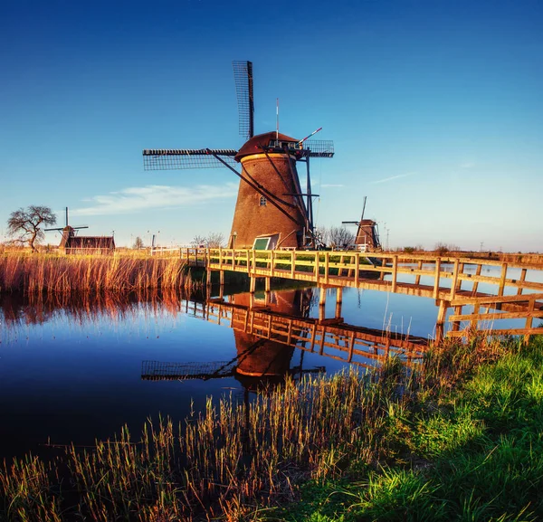 ロッテルダムの運河からオランダの風車に通じる道 オランダ オランダ — ストック写真
