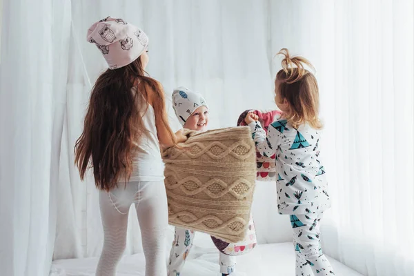 Children Soft Warm Pajamas Playing Bed — Stock Photo, Image