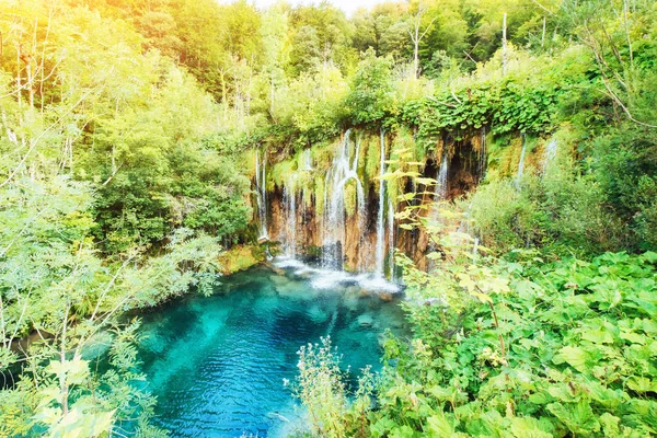 Fantásticas Vistas Las Cascadas Agua Turquesa Luz Del Sol Parque —  Fotos de Stock