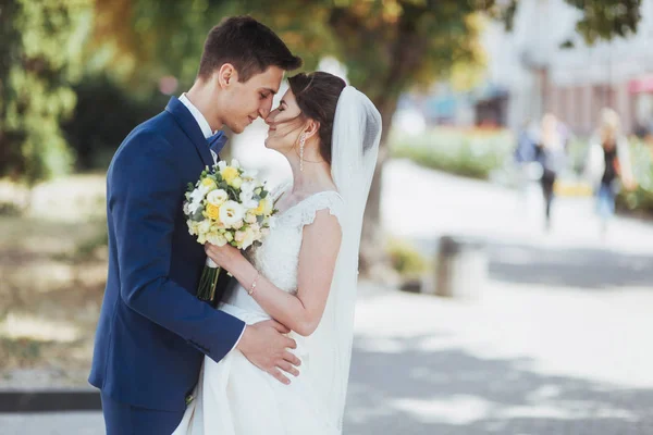 Porträt Eines Glücklichen Hochzeitspaares Freien Traumhafter Sommertag — Stockfoto