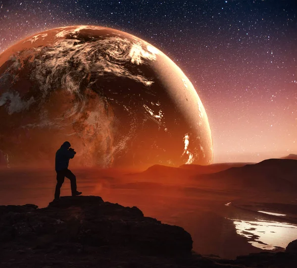 Realista Earth Lyustration Hombre Espacio Cortesía Nasa Fantástico Cielo Estrellado —  Fotos de Stock