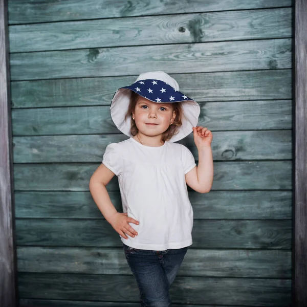 Fashion Little Girl Baby Dressed Summer Panama — Stock Photo, Image