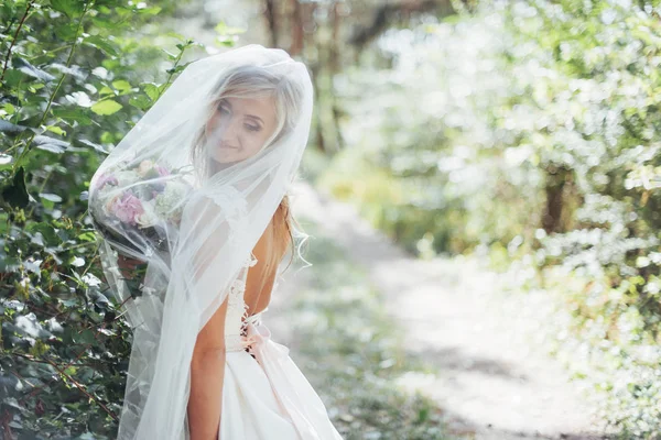 Portret Van Een Gelukkige Bruid Poseren Met Sluier — Stockfoto