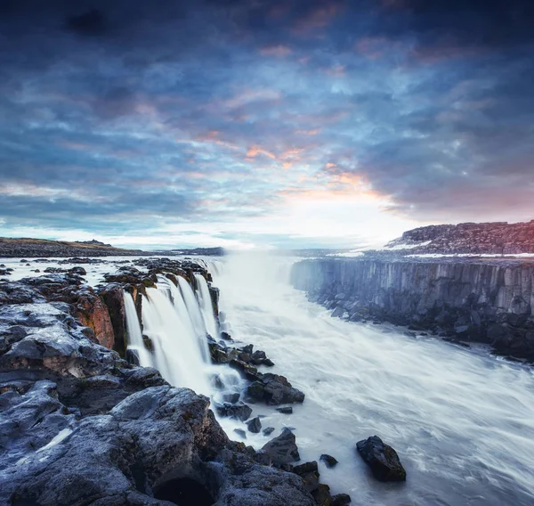 Vue Imprenable Sur Cascade Selfoss Dans Parc National Vatnajokull Coucher — Photo