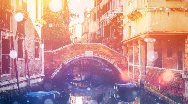 Grand canal and architecture - bridge. Italy. Venice. Photo greeting card. Bokeh light effect, soft filter