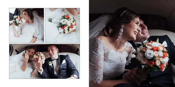 Hermosa Pareja Joven Sonriendo Felizmente Día Boda Sentado Coche Clásico — Foto de Stock