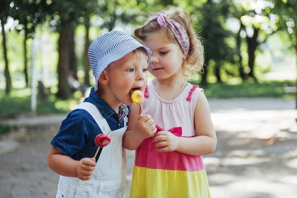 Happy Children Taste Candy Stick — Stock Photo, Image