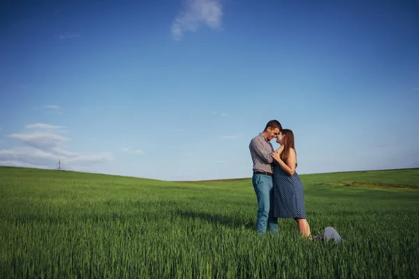 Familia Feliz Abrazándose Campo Trigo Verde Madre Esperando Niño Las — Foto de Stock