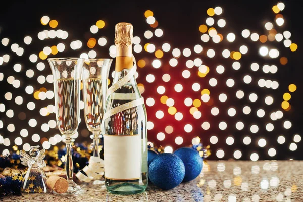 Kerstmis Nieuwjaar Feest Met Champagne Paar Fluit Fles Champagne Voor — Stockfoto