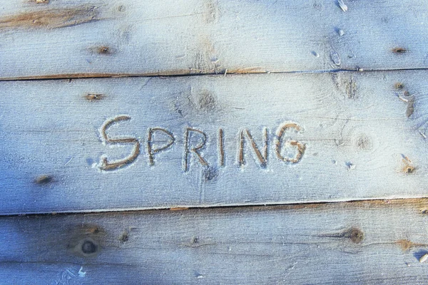 Escribiendo Nieve Textura Madera Símbolos Tablero Madera — Foto de Stock