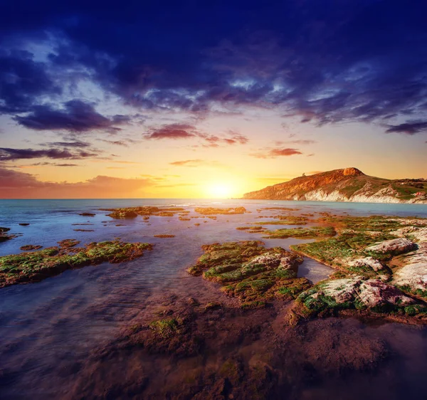 Fantastic View Nature Reserve Monte Cofano Dramatic Scene Sunset Sea — Stock Photo, Image