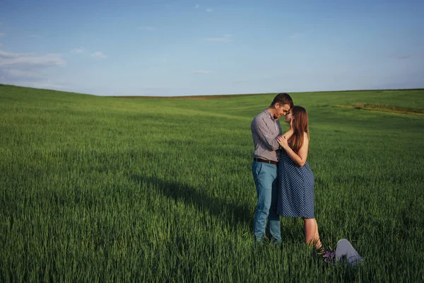 Familia Feliz Abrazándose Campo Trigo Verde Madre Esperando Niño Las — Foto de Stock